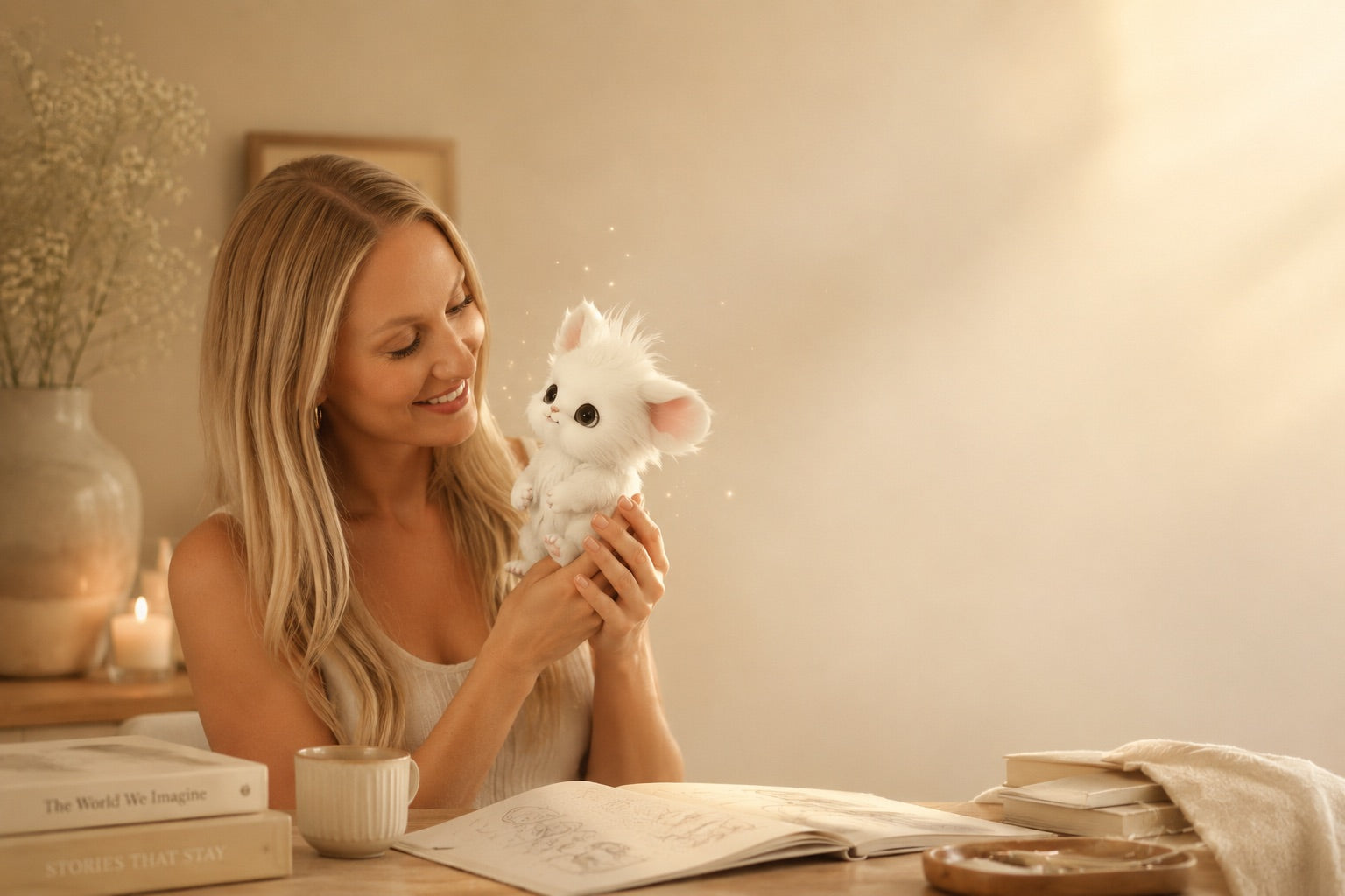 Author Elivia Hue smiling as she holds Puffleet, the story’s small white character
