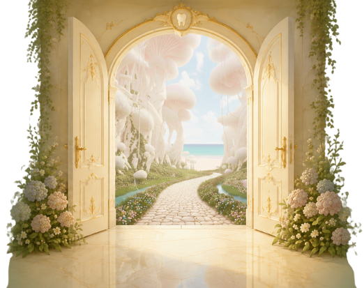 Open gilded doors leading down a stone path into Dentopia