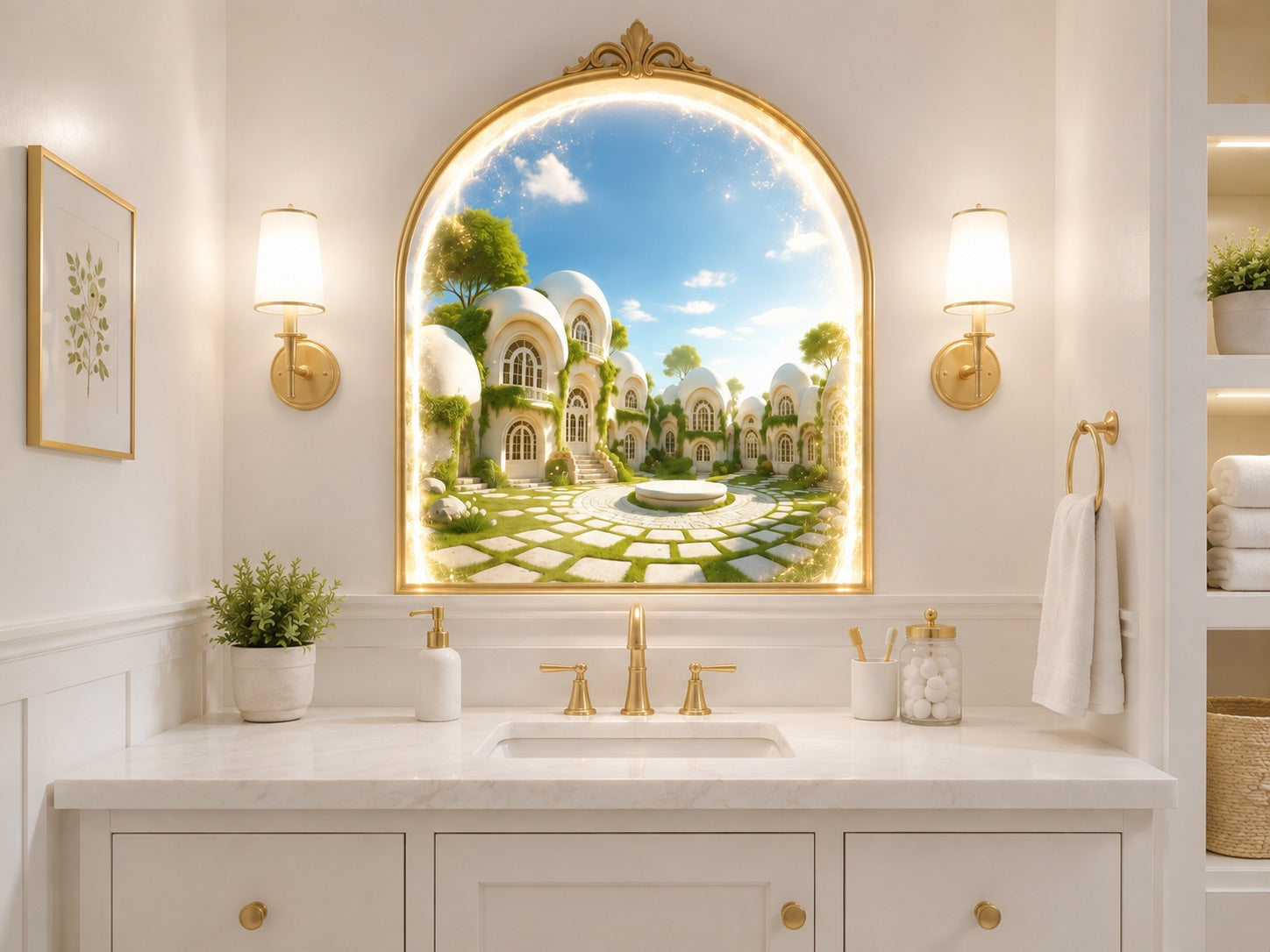 A bathroom mirror glowing at its edges, opening onto the sunlit courtyard of Tooth Town